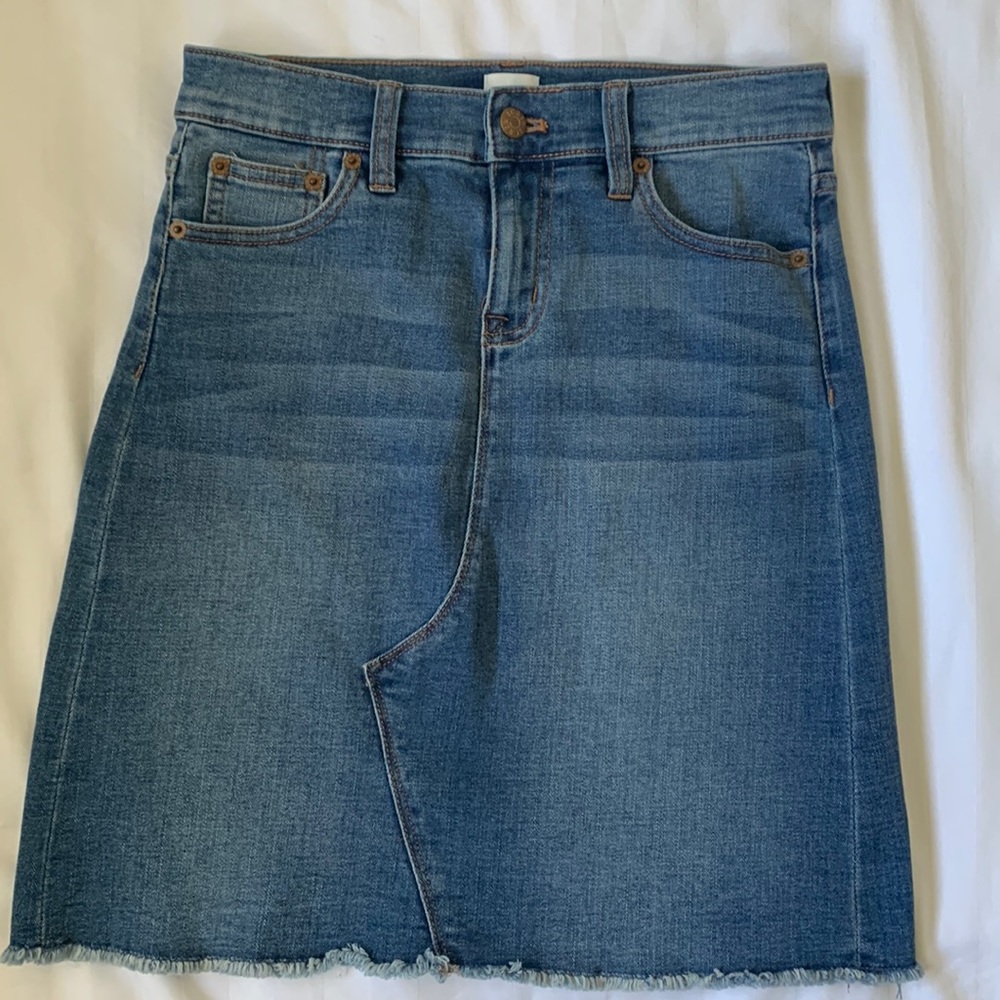 COPY - J Crew unfinished hem knee length stretch denim jean skirt EUC
